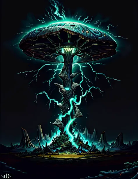 ((best quality)), ((masterpiece)), ((realistic,digital art)), (hyper detailed),madeoflightningai Charcoal Diminutive Saddle-shaped Ridged mushroom, Veined, Patchy, Root Extension into Fungal Mycelium, Freshwater, Terrestrial, Otherworldly glow,  Flaring Ri...