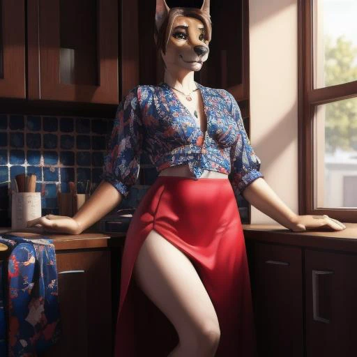 araffe in a kitchen with a red skirt and a cat mask