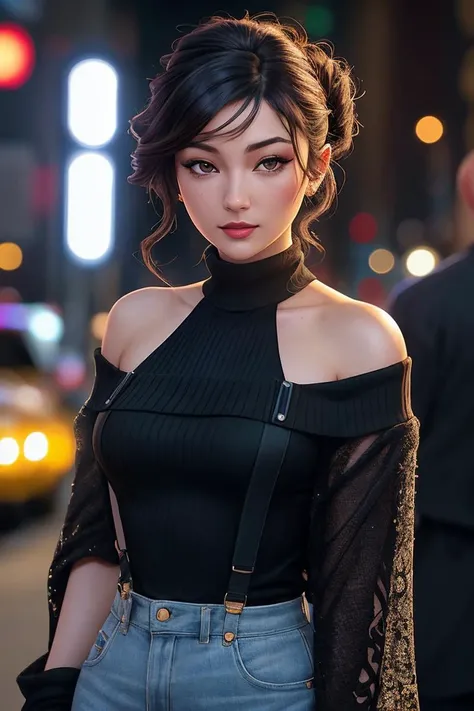 photo of beautiful (nlb0rdizz0:0.99), a woman with beautiful hair, hair upsweep updo, as a movie star in a (movie premiere), premiere gala, (near a movie theatre), natural skin texture, (elegant black sweater off-shoulder), (suspenders:1.1), 24mm, 4k textu...