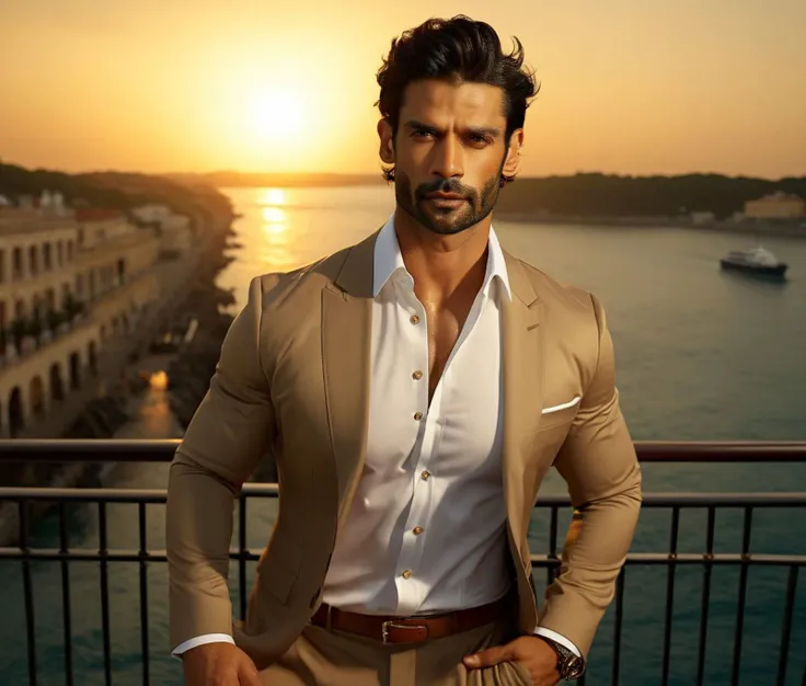 a close up of a man in a suit standing on a balcony