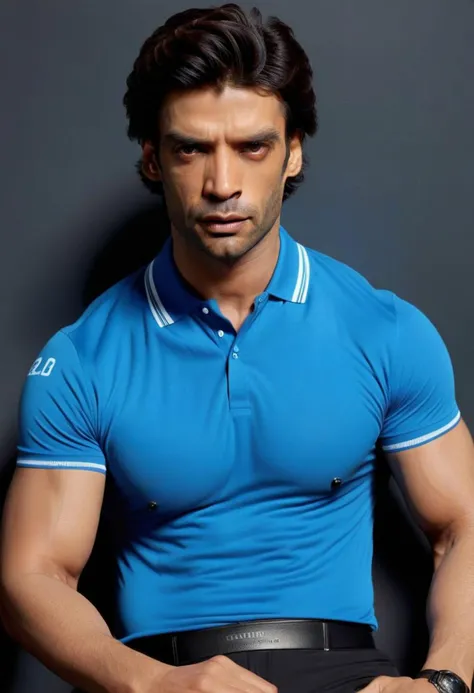 a close up of a man in a blue shirt and black pants