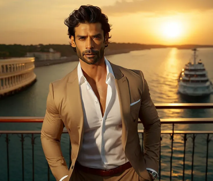 a close up of a man in a suit standing near a body of water