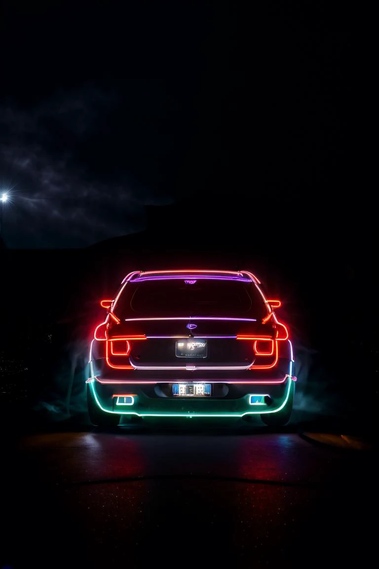 neon light in the shape of a car, night time, side of building, best quality, (8k, ultra-detailed), contrast, moody lighting, fog, smoke <lora:neon_v1:0.7>