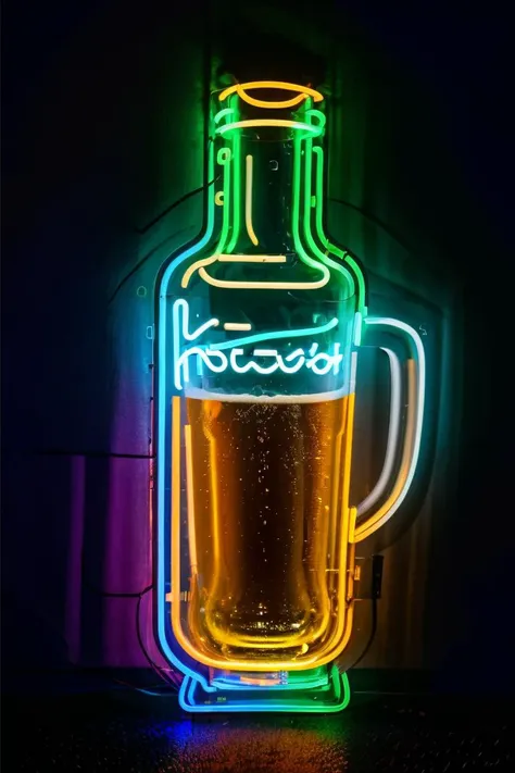 neon light in the shape of a beer bottle, in a bar, best quality, (8k, ultra-detailed), fog, smoke <lora:neon_v1:0.7>