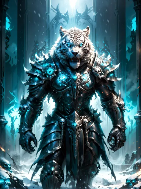 a white tiger in armor standing in front of a frozen cave