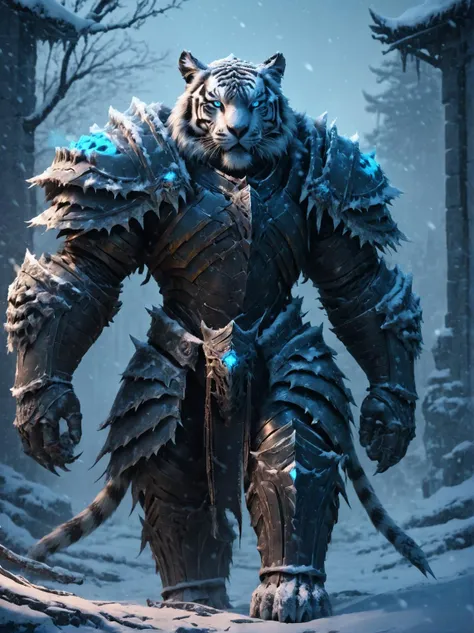 <lora:add-detail-xl:1>,<lora:deathknightsyleXL_v1-step00000400:0.7>,armored,snowing,(tiger),masterpiece,epic,cinematic,glowing eyes,trending on artstation and deviantart,in the style of deathknight