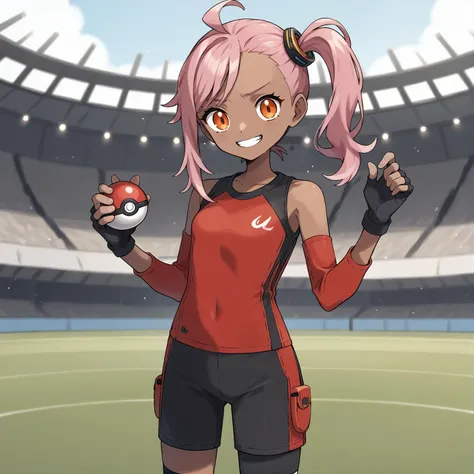 shy, light smile, 1girl, standing, loking at viewer, sportswear, red shirt, detached sleeves, long sleeves, black bike shorts, asymmetrical legwear, fingerless gloves, holding poke ball
dark skin, long hair, pink hair, side ponytail, orange eyes, smug, tee...