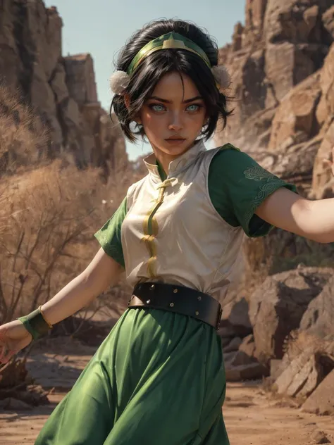 a woman in a green and white outfit is holding a sword