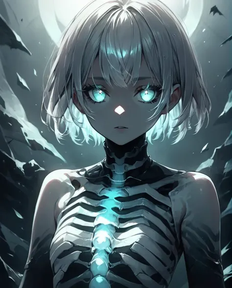 a woman with a skeleton body and blue eyes stands in front of a full moon