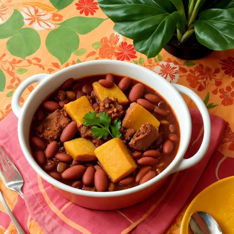 A detailed image of a Brazilian feijoada, a hearty stew of beans and pork, served in a clay pot, on a bright, tropical-themed tablecloth