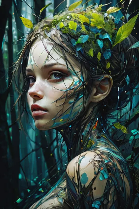 mysterious silhouette forest woman,by Minjae Lee,Carne Griffiths,Emily Kell,Geoffroy Thoorens,Aaron Horkey,Jordan Grimmer,Greg Rutkowski,amazing depth,masterwork,surreal,geometric patterns,intricately detailed,bokeh,perfect balanced,deep fine borders,artis...