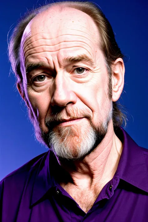 sfw, a realistic photo of George Carlin with purple lighting striking in the background, award winning DSLR ANALOG photo, trending on, 90-style