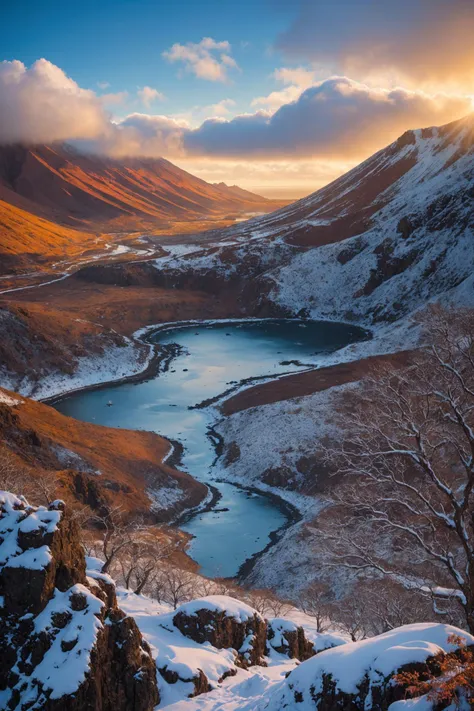 by Dan Mumford and Artgerm,landscape of The Galapagos Islands,Snowing,Light,