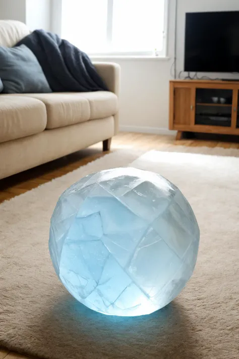 wizardly haze, a bal made out of ice and fail inside a cozy living room on a sunny day, detailed, high quality, simple cosmic energy dof background