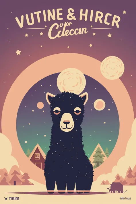 Beautiful cosmic alpaca in front of barn, sticker, 2d cute, fantasy, dreamy, vector illustration, 2d flat, centered, by Tim Burton, professional, sleek, modern, simple vaporwave background, minimalist, graphic, line art, vector graphics, mentixis, metix,