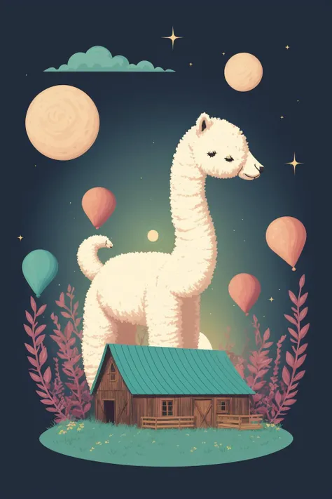 Beautiful cosmic alpaca in front of barn, sticker, 2d cute, fantasy, dreamy, vector illustration, 2d flat, centered, by Tim Burton, professional, sleek, modern, simple vaporwave background, minimalist, graphic, line art, vector graphics, mentixis, metix,