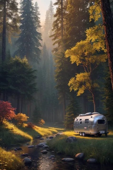 image of a sylish vintage airstream camper in  magical forest, photorealistic, digital painting, artstation, intricate artwork by Tooth Wu and wlop and beeple. octane render, (trending on artstation:1.39), greg rutkowski very coherent symmetrical artwork. ...