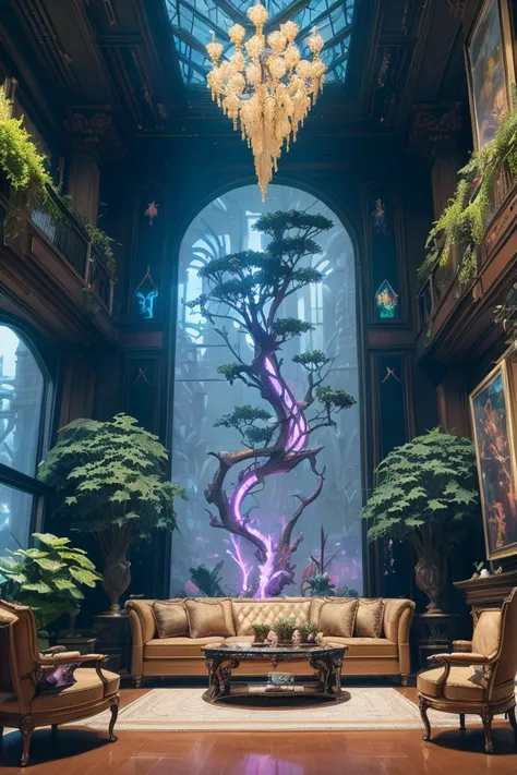 luxury living room full of plants and trees by josan gonzalez  by greg rutkowski  by wayne barlowe   by greg manchess, by tyler edlin  by peter mohrbacher, a highly detailed photo of a beautiful cyberpunk, neon, cyberpunk, concept art, sharp focus, hyperre...