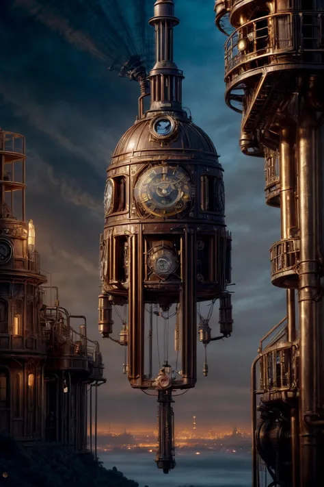 ("STEAMPUNK THE MOVIE":1.37),Movie Poster,RAW photo,beautiful, masterpiece, award winning, (Movie Scene:1.3), steampunk cityscape, midnight, airships, floating islands, mechanical gears, vintage architecture, innovation, spectacle, fantasy, adventure, phot...