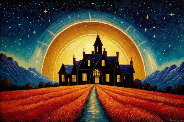 fine art,oil painting,best quality,dark tales,Cape Town in the  Van Gogh  style,starry sky,Dan Mumford,Andy Kehoe,2d,flat,cute,adorable,vintage,art on a cracked paper,patchwork,stained glass,fairytale,storybook detailed illustration,cinematic,ultra highly ...