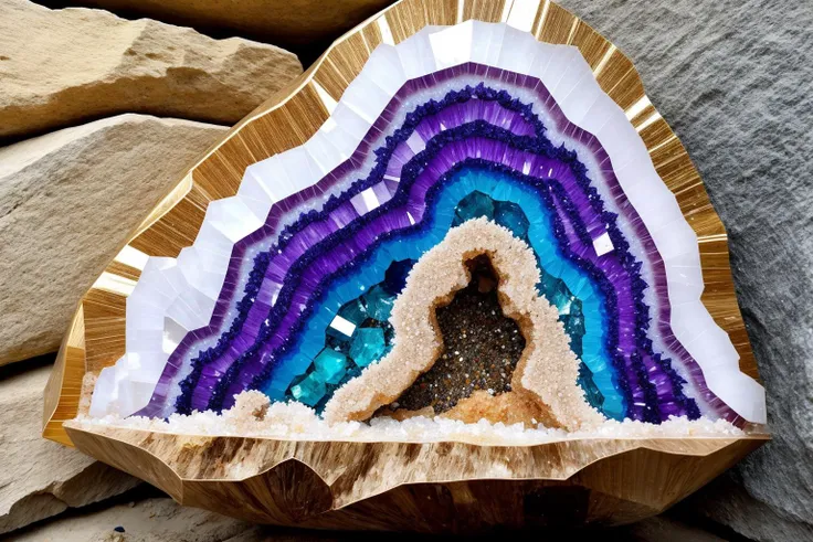 Explore the intricate layers of a geode, crystals sparkling within a rough exterior,