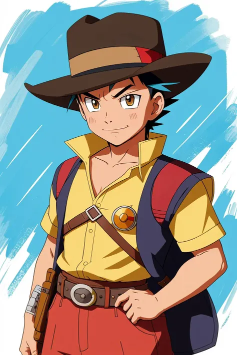 Pokemon Trainer, male, wild west sheriff , portrait, clear details, crisp quality, drawn in the style of tite kubo, anime, flat colour, cell shaded, studio ghibli, akira toriyama, james gilleard, genshin impact, trending pixiv fanbox, acrylic palette knife...