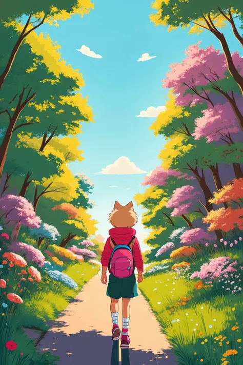 digital art of a little cat traveling around magical forest, wearing a scarf around the neck,  carrying a tiny backpack on his back, cartoony style of laurie greasley, studio ghibli, akira toriyama, james gilleard, genshin impact, trending pixiv fanbox, ac...