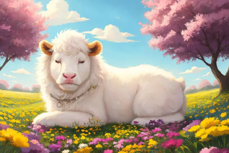 (Cute fluffy cow sleeping peacefully in a flower field), art by atey ghailan, painterly anime style at pixiv, art by kantoku, in art style of redjuice/necmi/rella/tiv pixiv collab, your name anime art style, masterpiece digital painting, exquisite lighting...