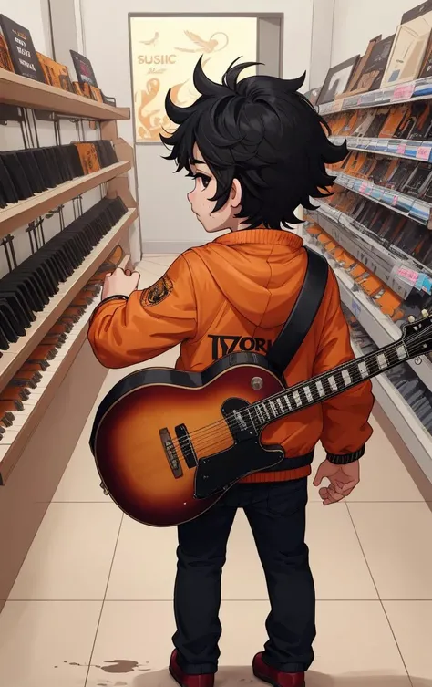 intricate detail, 1boy, skinny, male child, orange open jacket, solo focus, messy hair, black hair, eyelashes, black eyes, expressionless, inside music shop,  full body, guitar, facing away, high quality eyes