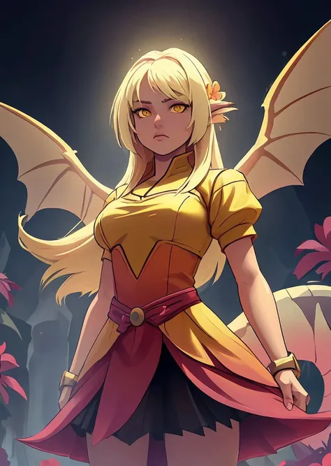 hispanic girl, Blond head, costs, Dejection and small dragon <lora:Flowerpetalai:0.6> Flowerpetalai, yellow eyes, winged dragon, volumetric lighting,