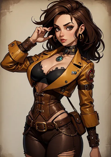 peurto rican girl, Brown-haired head, crushes, Interest Fantz cartoon (creature:0.5)|(tiger:0.5) design, ultra detailed, random colors, steampunk, and punk costume, <lora:Small_Mostersv2:0.4> <lora:Creature_Design2_V1:0.5>