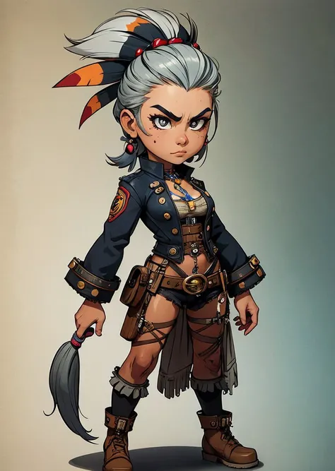 native american girl, Gray-haired head, speak, frowning Fantz cartoon (creature:0.5)|(tiger:0.5) design, ultra detailed, random colors, steampunk, and punk costume, <lora:Small_Mostersv2:0.4> <lora:Creature_Design2_V1:0.5>