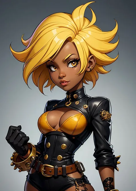 black girl, Blond head, run, Satisfaction Fantz cartoon (creature:0.5)|(tiger:0.5) design, ultra detailed, random colors, steampunk, and punk costume, <lora:Small_Mostersv2:0.4> <lora:Creature_Design2_V1:0.5>