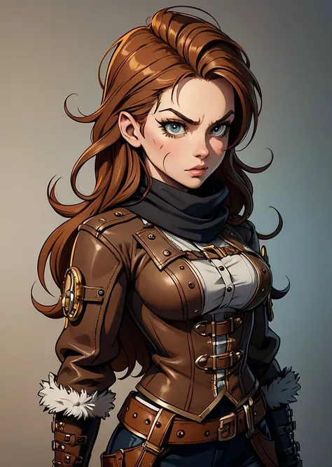 nordic girl, Brown-haired head, speak, scowling Fantz cartoon (creature:0.5)|(tiger:0.5) design, ultra detailed, random colors, steampunk, and punk costume, <lora:Small_Mostersv2:0.4> <lora:Creature_Design2_V1:0.5>