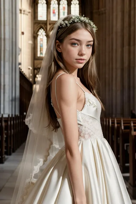 TrualityCampus_Penelope, gorgeous, stunning,  early twenty, curious, alluring, seductive, walking (in a cathedral:1.4), wearing (wedding dress:1.4), (modern photography), 85mm, (analog, cinematic, film grain:1.3), (looking at viewer:1.2), detailed eyes, na...