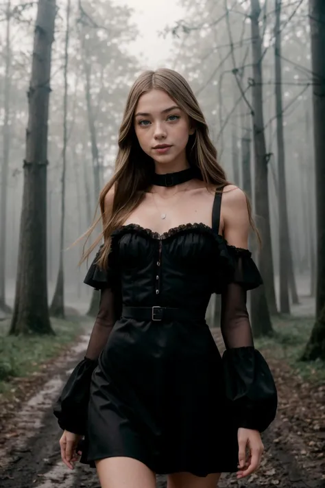 TrualityCampus_Penelope, gorgeous, stunning,  early twenty, curious, alluring, seductive, walking (in dark foggy misty woods:1.4), wearing (black gothic dress:1.4), (modern photography), 85mm, (analog, cinematic, film grain:1.3), (looking at viewer:1.2), d...