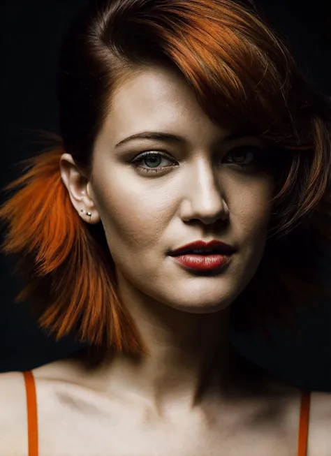 portrait of sks woman by Flora Borsi, style by Flora Borsi, bold, bright colours, orange Mohawk haircut, ((Flora Borsi)), <lora:locon_isabriones_v1_from_v1_64_32:1>