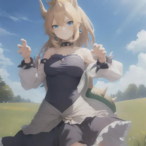 anime,1girl, (masterpiece), (best quality),
dress,
solo,blush,  looking at viewer, claw pose, 
blue sky, grass,

<lora:bowsetteCharacterLora_v10:0.8>