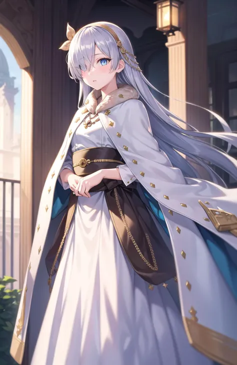 
anastasia, blue eyes, grey hair, hair between eyes, (hair over one eye:1.5), long hair, bangs, <lyco:fgoanastasia-lyco-nochekaiser:1.0>,
blue cloak, brown hairband, cloak, dress, fur trim, hairband, royal robe, sash, white dress, wide sleeves,