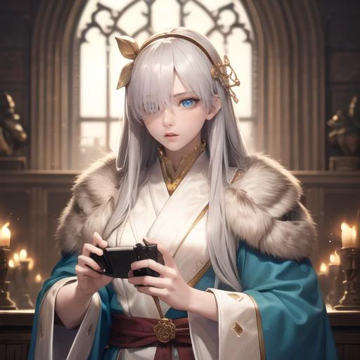 fgoanastasia, anastasia, blue eyes, grey hair, hair between eyes, (hair over one eye:1.5), long hair, bangs, BREAK blue cloak, brown hairband, cloak, dress, fur trim, hairband, royal robe, sash, tachi-e, white dress, wide sleeves, (masterpiece:1.2), best q...