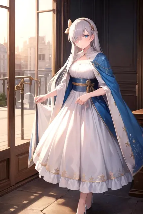 fgoanastasia, 
anastasia, blue eyes, grey hair, hair between eyes, (hair over one eye:1.5), long hair, bangs,
BREAK blue cloak, brown hairband, cloak, dress, fur trim, hairband, royal robe, sash, tachi-e, white dress, wide sleeves,
BREAK indoors,
BREAK <ly...