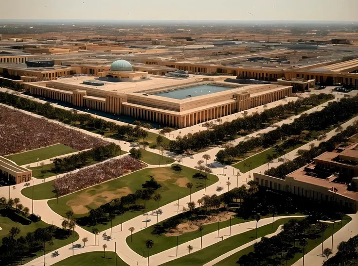 aerial view of a large building with a dome in the middle of it