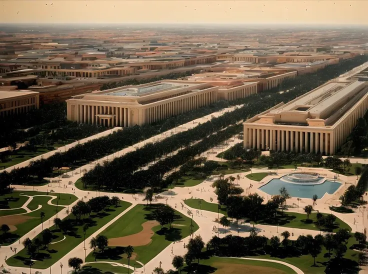 araful view of a large city with a fountain and many buildings