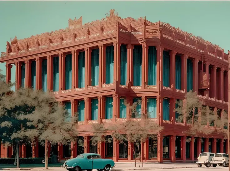 cars parked in front of a red building with blue windows