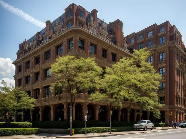 arafed building with a lot of windows and a lot of trees