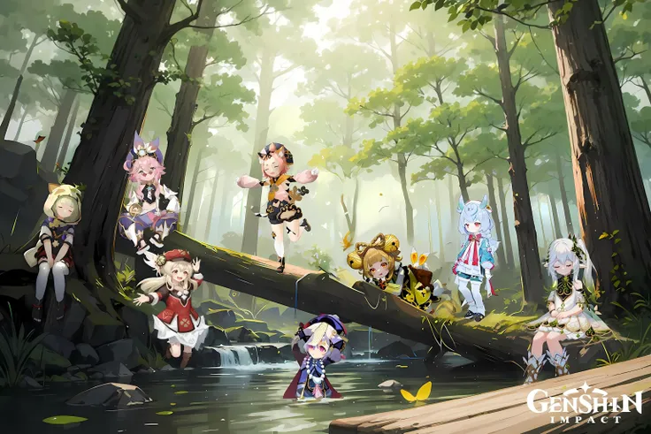 a group of anime characters standing on a log in a forest