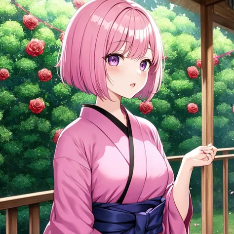 <hypernet:velvetanime:1> 1girl, short hair, pink hair, bob cut, purple eyes, small breasts, wearing a kimono, red rose, looking ...