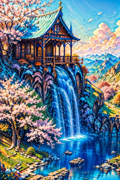 a painting of a waterfall and a pagoda in the mountains