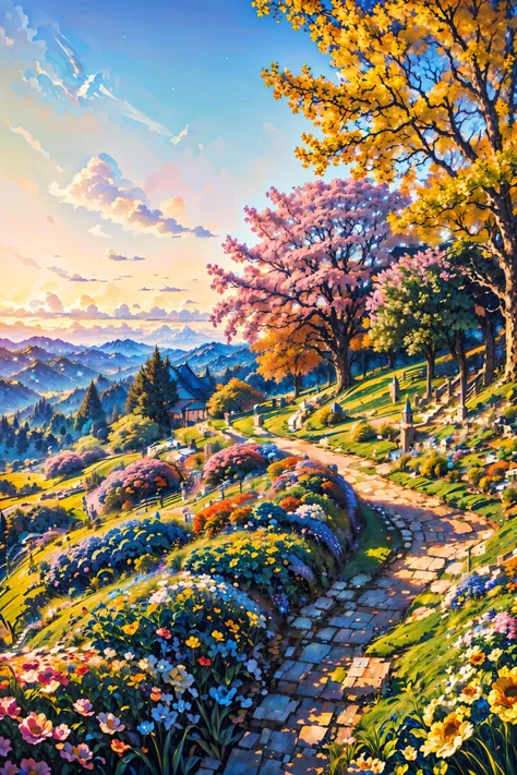 a painting of a path leading to a beautiful garden with flowers