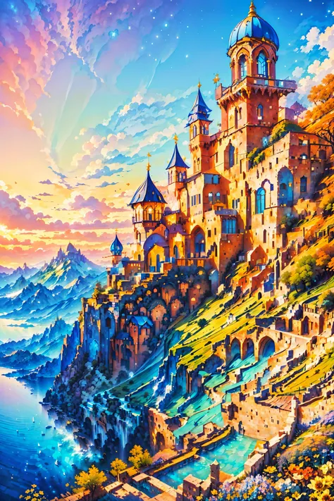 a painting of a castle on a cliff overlooking the ocean